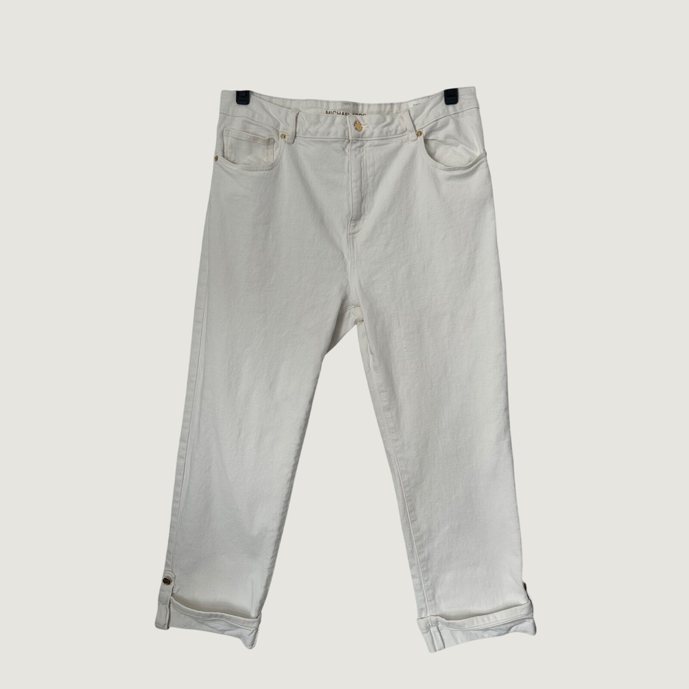 Michael Kors Jeans Womens 16 White Cropped Straight Leg Button Cuff Stretch